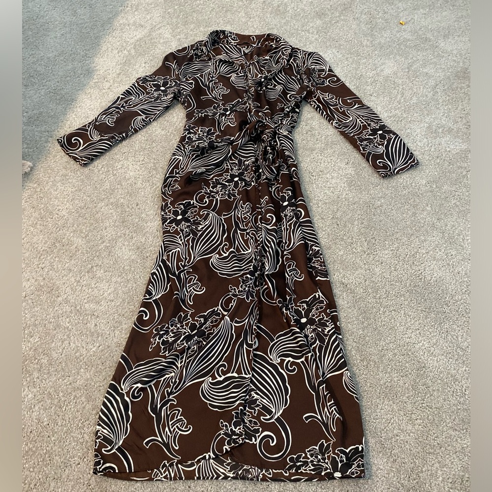 Zara Brown and White Long Sleeve Floral Maxi Dress